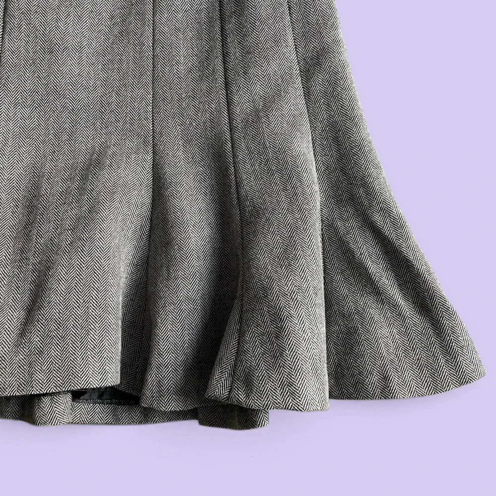Chaps Vintage Y2K Grey Herringbone Wool Skirt Petite 8P Pleated Fit Flare Lined
